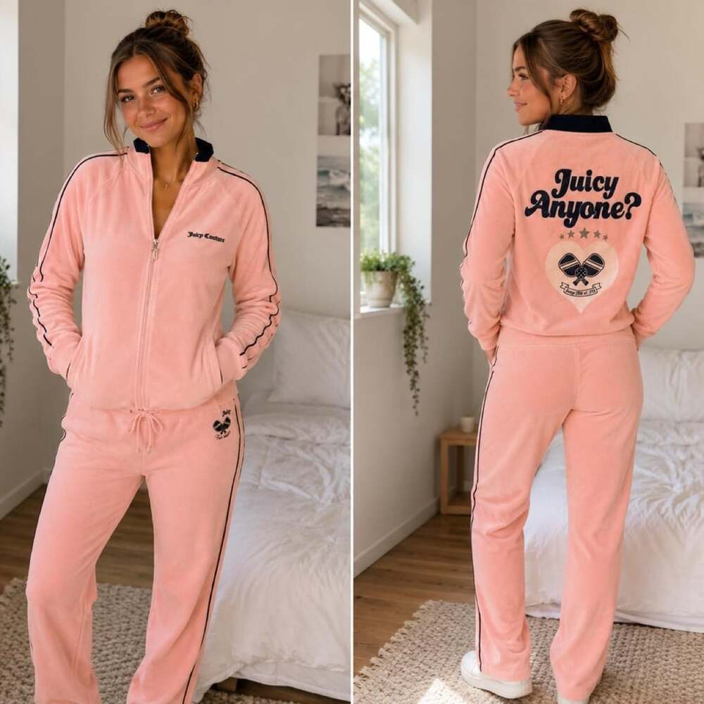 Medium Juicy Couture Velour Track Jacket Pink Navy Piping Juicy Anyone